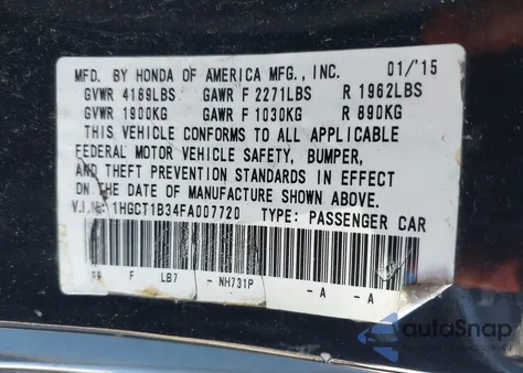 2015 Honda Accord Lx-S from USA, damaged, VIN 1HGCT1B34FA007720